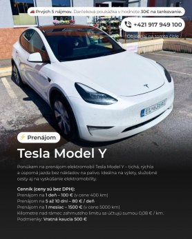 Prenájom elektromobilu Tesla Model Y – od 80 €/deň
